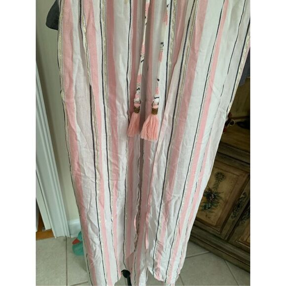 Blue Island Rose Pink White & Gold Metallic Thread Striped Maxi Dress - Picture 6 of 9